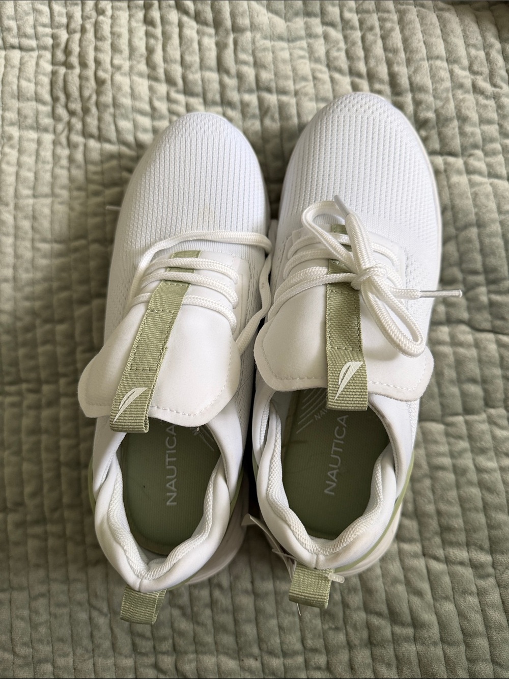 Nautica Women's White and Light Olive Knit Lace-Up Sneakers